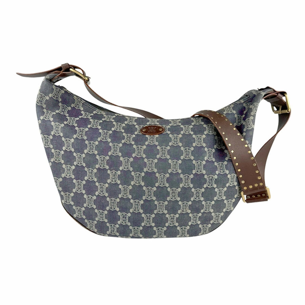 Celine Crossbody Shoulder Bag Denim Leather Indigo Blue Brown Gold